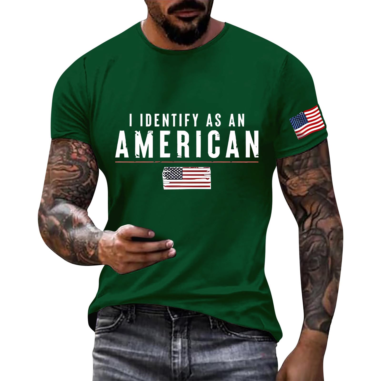 Gym T-Shirts for Men I Identify As an American T-Shirt Men American Flag Patriotic Tee Shirts 4th of July Summer Gym Tops Muscle Tee Mens Graphic Tees Green 4X-Large
